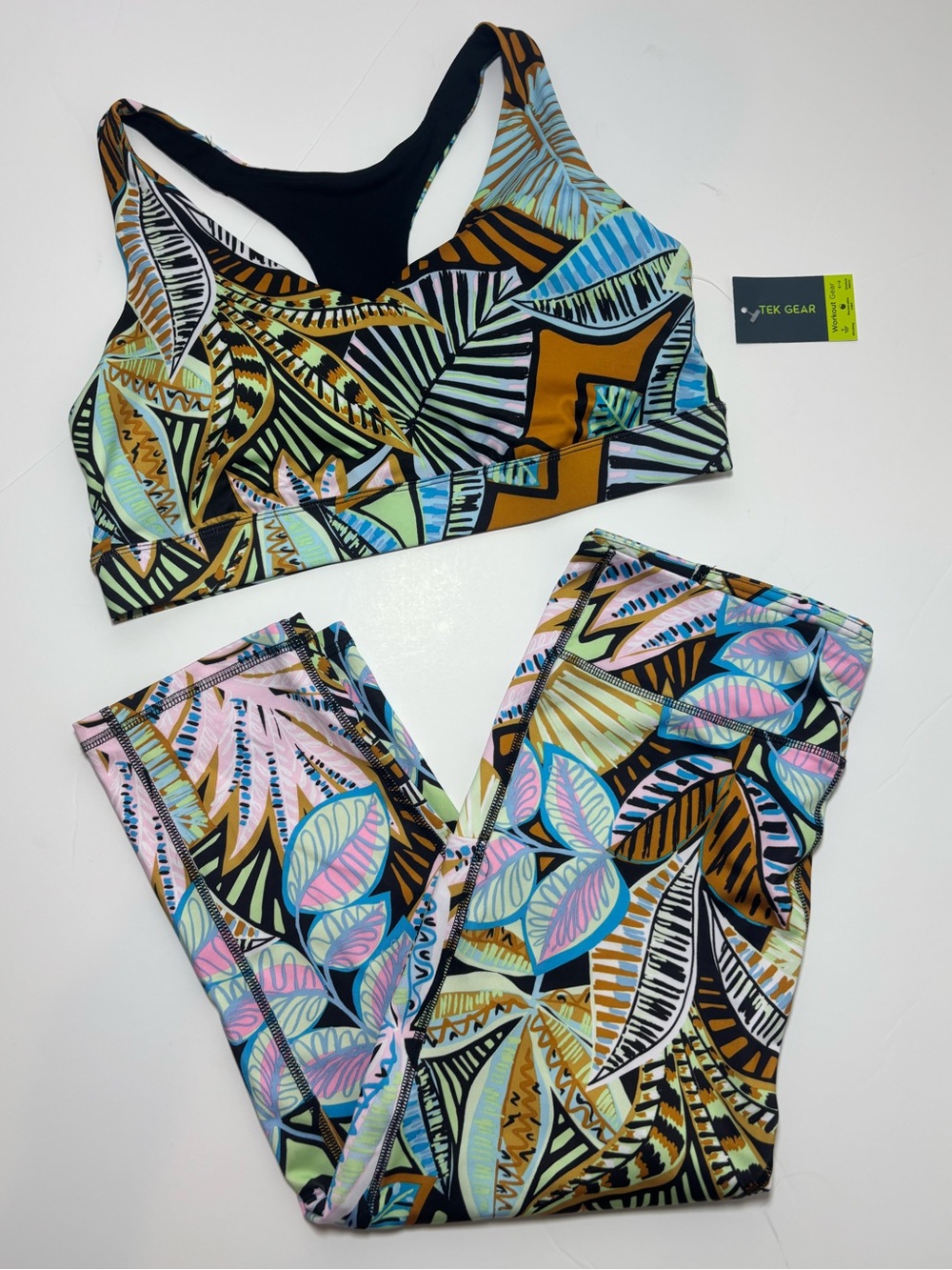 tek gear Multi-Color Tropical Print Sports Bra and Leggings Set